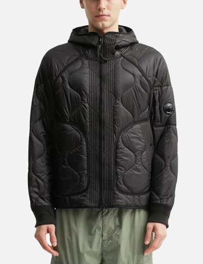 C.p. Company Black Jacket With Fixed Hood And Logo Plaque On The Sleeve In Tech Fabric Man In Black