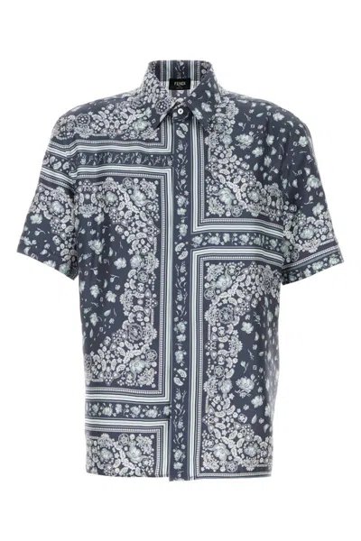 Fendi Men Blue Shirt With All-over Bandana Print In Silk Man In Blue