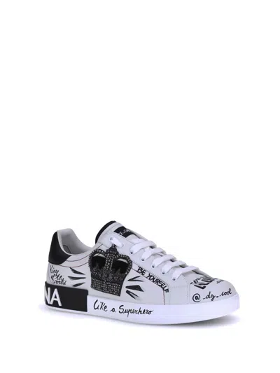 Dolce & Gabbana White Low Top Sneakers With Logo Patch On The Tongue And All-over Print In Multi