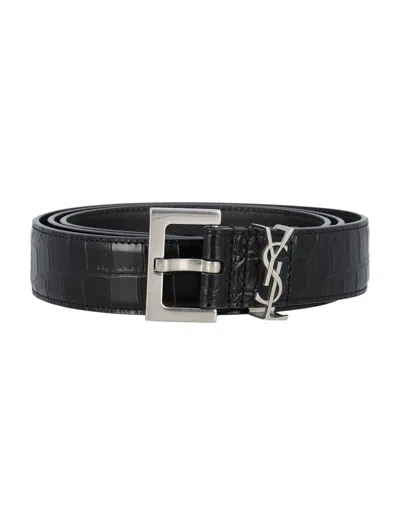 Saint Laurent Cassandre Belt In Crocodile-embossed Leather In Black