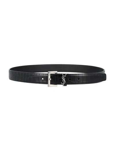 Saint Laurent Cassandre Belt In Crocodile-embossed Leather In Black
