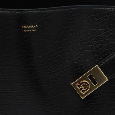 Ferragamo Leather Hug M Handbag With Metal Accents In Black