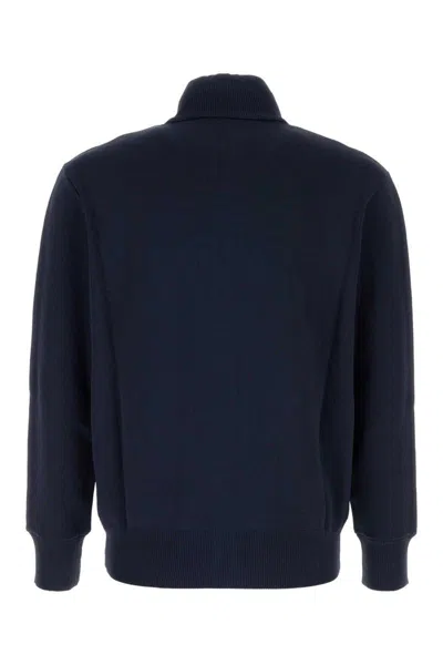 Autry High-collar Blue Jacket With Vertical Stripes And Ribbed Cuffs In Black