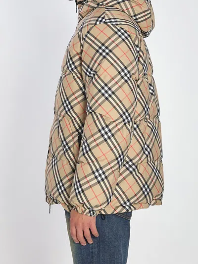 Burberry Men Reversible Check Puffer Jacket In Sand