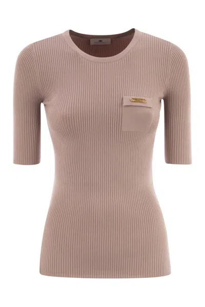 Elisabetta Franchi Ribbed Jumper With Pocket In Gray