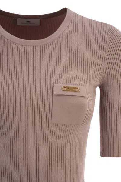 Elisabetta Franchi Ribbed Jumper With Pocket In Gray