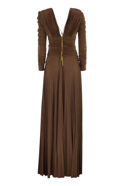 Elisabetta Franchi Red Carpet Lurex Jersey Dress With Necklace In Brown