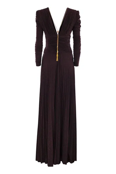 Elisabetta Franchi Red Carpet Dress In Lurex Jersey With Necklace In Burgundy