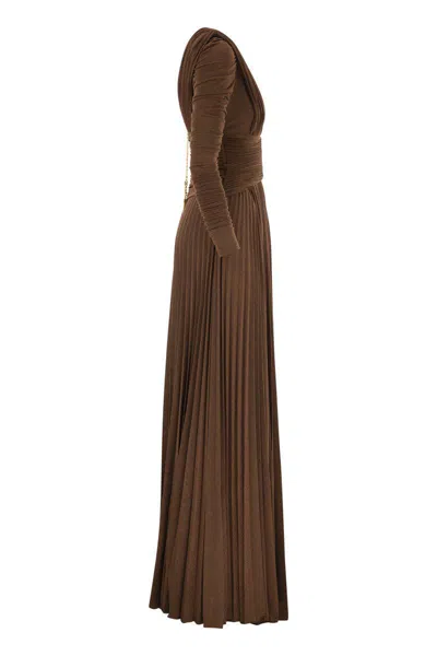 Elisabetta Franchi Red Carpet Lurex Jersey Dress With Necklace In Brown