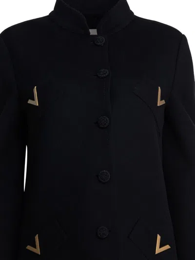 Valentino Embellished Stand Collar Coat With Pocket Detail In Black