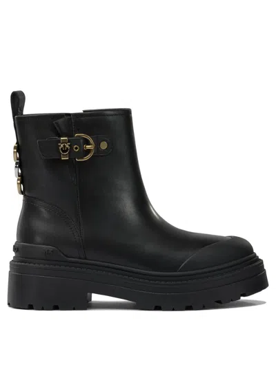 Pinko Leather Booties With Love Birds Logo In Black