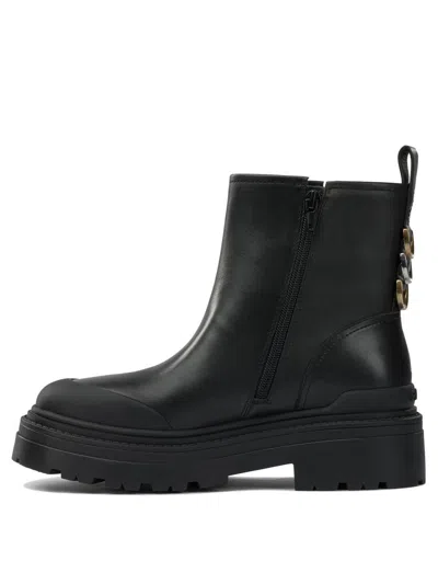 Pinko Leather Booties With Love Birds Logo In Black