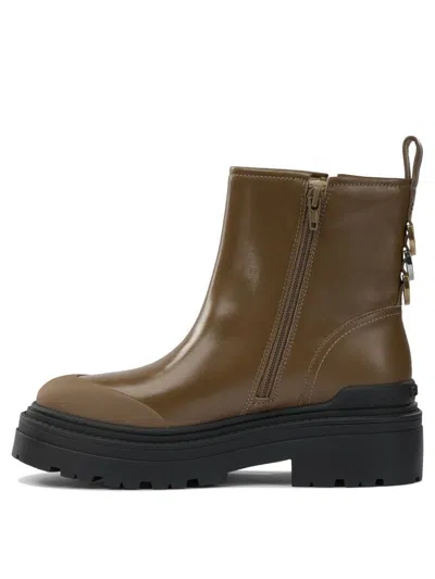 Pinko Buckle-detail Logo-plaque Ankle Boots In Brown