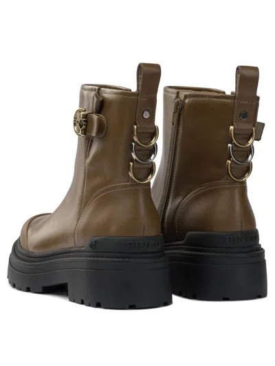 Pinko Buckle-detail Logo-plaque Ankle Boots In Brown