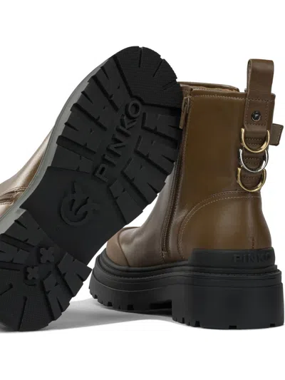 Pinko Buckle-detail Logo-plaque Ankle Boots In Brown