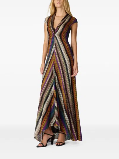 Missoni Stripe Twist Front Raschel Mesh Maxi Dress In Brown