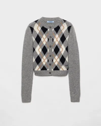 Prada Argyle Pattern Long Sleeve Knitwear Cardigan In Blue
