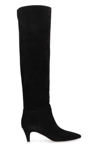 Gianvito Rossi Knee High Suede Boots With Kitten Heel In Black