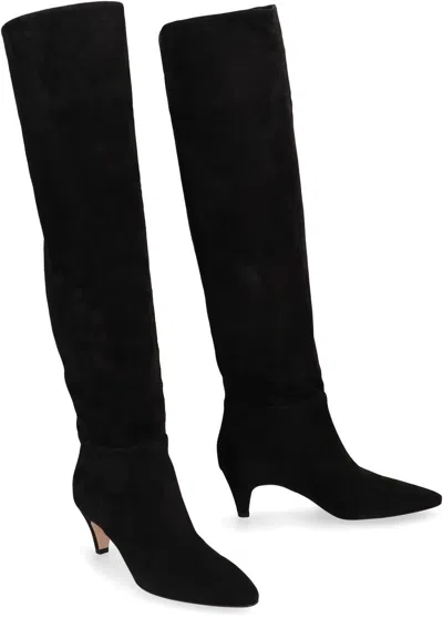 Gianvito Rossi Knee High Suede Boots With Kitten Heel In Black
