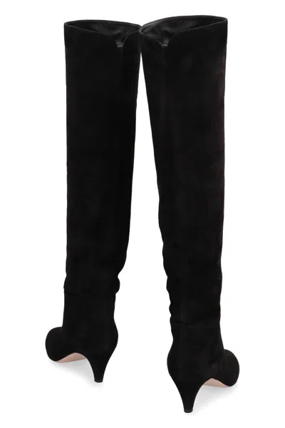 Gianvito Rossi Knee High Suede Boots With Kitten Heel In Black
