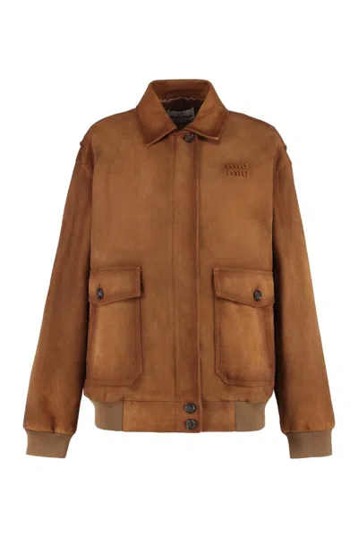 Miu Miu Lamb Leather Jacket Dropped Shoulders In Brown