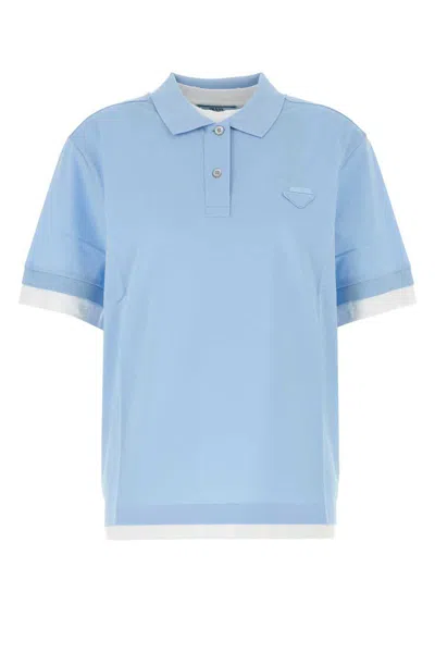Prada Piquet Polo Shirt With Ribbed Cuffs And Collar In Blue