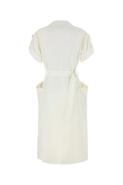 Bottega Veneta Shoulder Detail Belted Waist Embroidered V-neck Dress In White