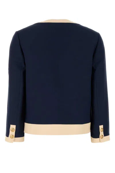 Valentino V-neck Wool Blend Blazer With Front Pocket In Blue