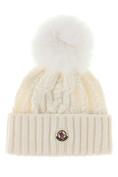 Moncler Cozy Wool Blend Beanie With Pom Detail In Neutral