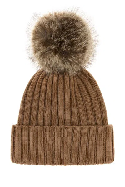 Moncler Caramel Wool Beanie Hat In Brown