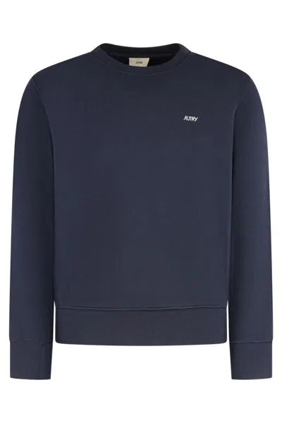 Autry Blue Crewneck Sweater With Logo Embroidered On The Front In Cotton Man In Blue