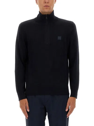 Hugo Boss Boss Zippered Sweater With Logo Patch In Black