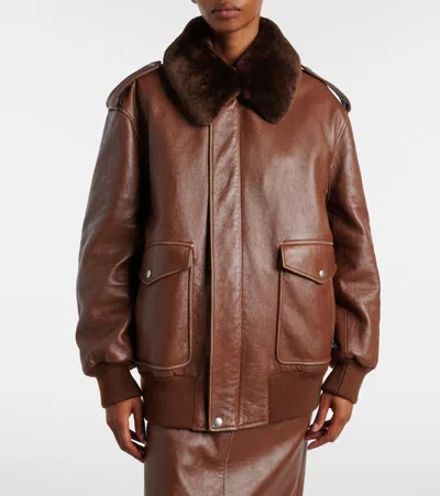 Prada Shearling-collar Leather Jacket In Brown