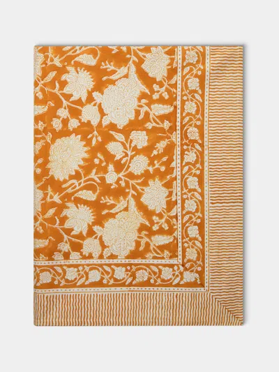 Chamois Indian Rose Block-printed Cotton Rectangular Tablecloth (106.5in/2.7m)