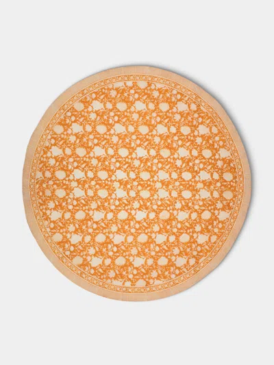 Chamois Indian Rose Block-printed Cotton Round Tablecloth (86.5in/2.2m)