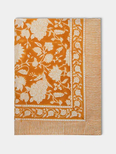 Chamois Indian Rose Block-printed Cotton Rectangular Tablecloth (138in/3.5m)