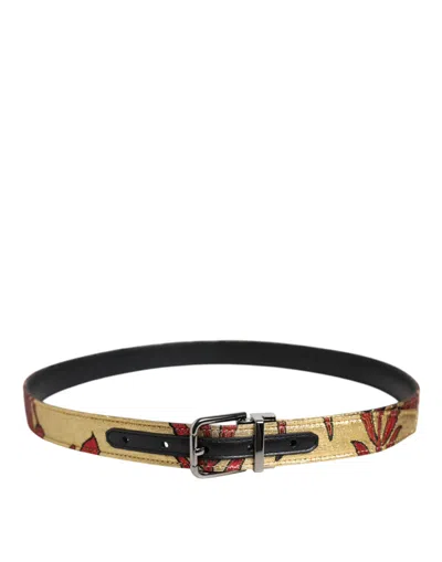 Dolce & Gabbana Gold Floral Jacquard Silver Metal Buckle Belt In Brown