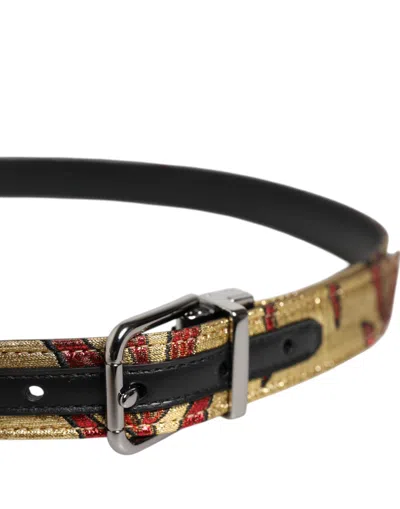 Dolce & Gabbana Gold Floral Jacquard Silver Metal Buckle Belt In Brown