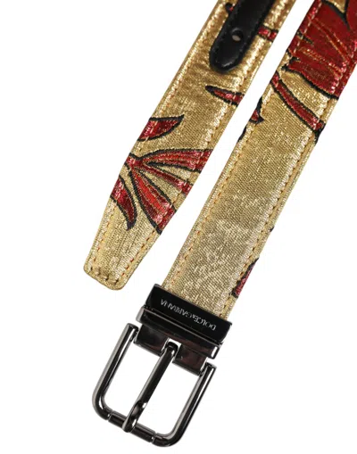 Dolce & Gabbana Gold Floral Jacquard Silver Metal Buckle Belt In Brown