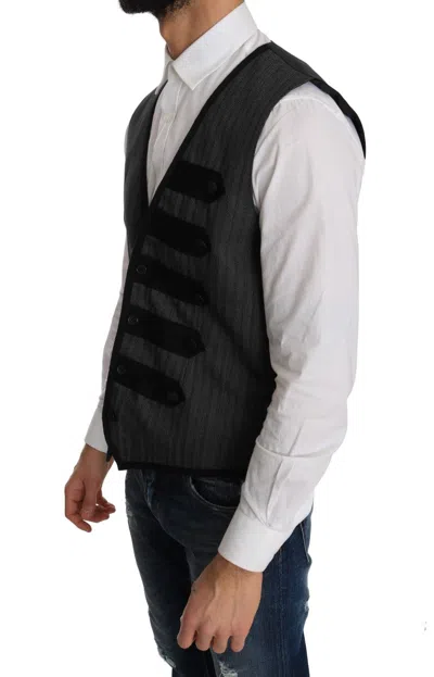 Dolce & Gabbana Gray Wool Patterned Slim Vest In Black
