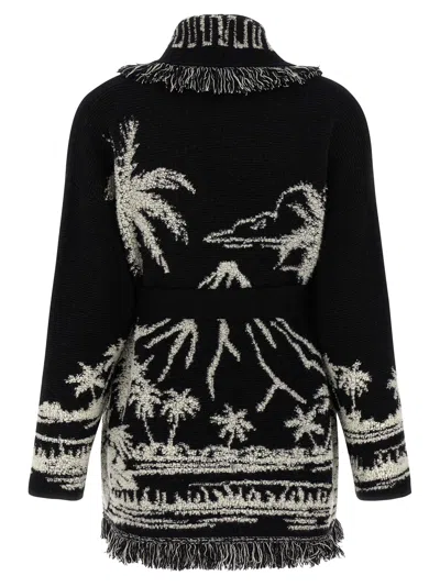 Alanui Black Cardigan With Tropical Pattern And Fringes In Black