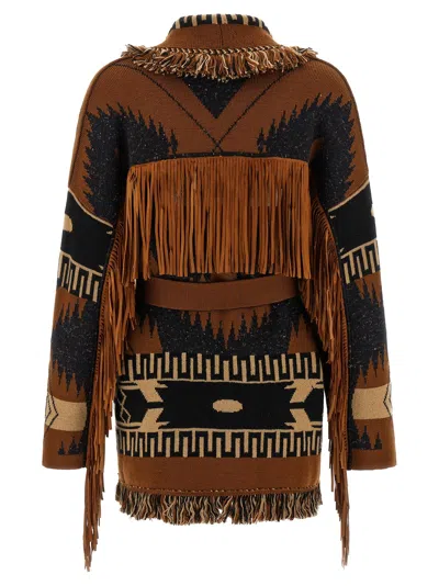 Alanui Geometric Pattern Cardigan Belted Waist In Brown
