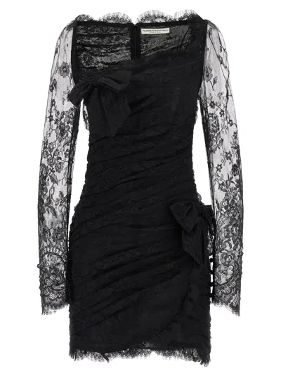 Alessandra Rich Draped Lace Mini Dress With Plunging Neckline In Black