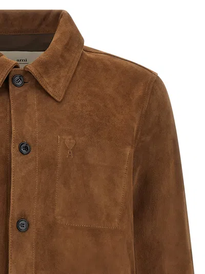 Ami Alexandre Mattiussi Mens Noisette Pointed-collar Embossed-logo Leather Jacket In Brown