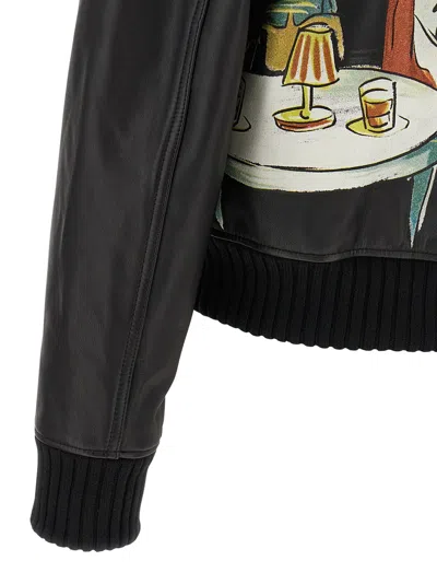 Amiri Graphic Print Leather Jacket With Collared Neck In Black