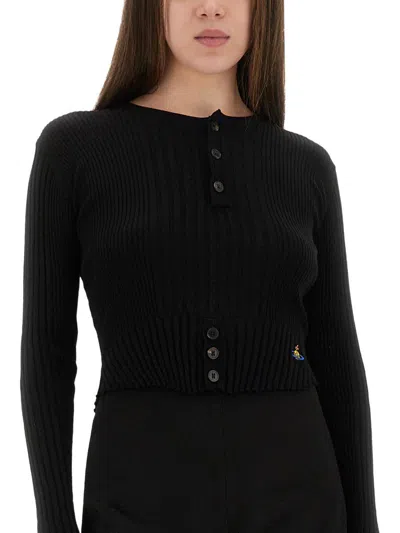 Vivienne Westwood Cropped Fitted Knit Sweater With Button Placket In Black
