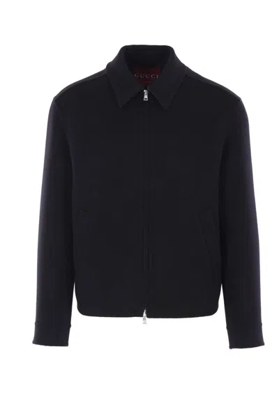 Gucci Black Jacket With Classic Collar And Web Motif On The Waist In Cotton Man In Black