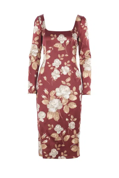 Dolce & Gabbana Dolce&gabbana Burgundy Satin Dress With Floral Print Women In Burgundy