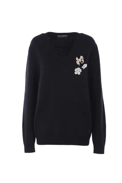 Dolce & Gabbana V-neck Embroidered Sweater In Black