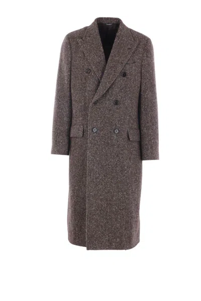 Dolce & Gabbana Herringbone Double-breasted Coat In Brown
